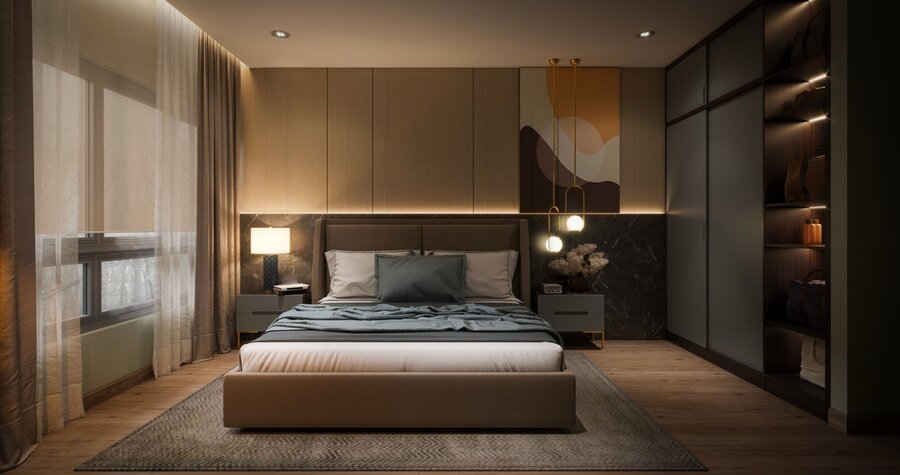 A bedroom illuminated by Crestron fixtures from a smart lighting control system